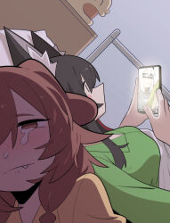  2girls absurdres animal_ear_fluff animal_ears brown_eyes brown_hair cocomayo29_(tomato) commentary_request crying crying_with_eyes_open dog_ears dog_girl dutch_angle fang highres holding holding_phone hololive inugami_korone korean_commentary listener_(inugami_korone) looking_at_phone multiple_girls on_bed ookami_mio phone photo-referenced shirakami_fubuki tears virtual_youtuber wolf_ears wolf_girl 