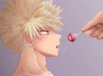  1boy 1other bakugou_katsuki bangs blonde_hair boku_no_hero_academia candy collarbone commentary_request face food from_side gradient gradient_background grey_background hane_tomo_yazama highres holding lollipop male_focus open_mouth profile red_eyes saliva saliva_trail short_hair solo_focus spiky_hair teeth tongue tongue_out 