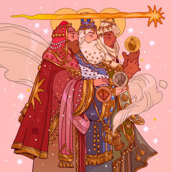  3boys albabg beard brown_hair christianity constellation facial_hair foot_out_of_frame from_side gold_trim hair_ornament hat highres holding incense incense_burner jewelry long_sleeves male_focus multiple_boys original pink_background robe scarf shooting_star simple_background sky smoke standing star_(symbol) white_hair wide_sleeves 