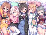  5girls :d ;d absurdres animal_ear_fluff animal_ears apron arm_up asa_no_ha bangs bed_sheet black_hair black_skirt blue_eyes blue_kimono blush bone_hair_ornament bow braid brown_eyes brown_hair brown_kimono cartoon_bone cat_ears checkered checkered_kimono copyright_request eyebrows_visible_through_hair floral_print frilled_apron frilled_pillow frilled_skirt frills fur-trimmed_legwear fur_trim green_kimono grey_eyes grey_hair hair_between_eyes hair_bow hair_ornament highres japanese_clothes kimono long_hair long_sleeves looking_at_viewer lying maid_apron multicolored_hair multiple_girls obi on_back one_eye_closed open_clothes open_mouth pillow pink_bow pink_kimono pleated_skirt print_kimono red_eyes sash short_hair skirt sleeves_past_wrists smile steepled_fingers streaked_hair striped striped_bow thick_eyebrows twin_braids upper_teeth very_long_hair wa_maid white_apron white_hair white_legwear wide_sleeves yellow_kimono 