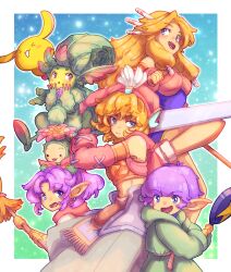  &gt;o&lt; 1other 2girls 3boys :d baggy_pants bare_shoulders blonde_hair blue_dress blue_eyes border broom bud_(lom) commentary crop_top curly_hair curtained_hair detached_sleeves dress frying_pan gold_armlet hair_tubes hat hat_feather highres holding holding_broom holding_frying_pan holding_sword holding_weapon hooded_robe imu_(lom) legend_of_mana lil&#039;_cactus lisa_(lom) long_hair medium_hair midriff multiple_boys multiple_girls naekam pants plant plant_hair pointy_ears pointy_hat ponytail purple_hair rabite_(seiken_densetsu) red_eyes red_hat robe seiken_densetsu short_hair smile sproutling sword toto_(lom) triangle_mouth weapon white_border 