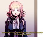  1girl arms_at_sides bangs blunt_bangs breasts commentary dangan_ronpa datcravat english_text highres light_brown_hair looking_at_viewer nanami_chiaki neck_ribbon open_mouth ribbon solo subtitled super_dangan_ronpa_2 twitter_username upper_body wing_collar 