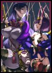  1boy 2girls :d armpits bare_shoulders blonde_hair breasts covered_navel covered_nipples eyeliner fate/grand_order fate_(series) horns lips long_hair looking_at_viewer makeup maxwell&#039;s_demon_(fate) medium_breasts minamoto_no_raikou_(fate/grand_order) multiple_girls navel oni oni_horns open_mouth parted_lips purple_hair short_hair shuten_douji_(fate/grand_order) small_breasts smile sunglasses teeth violet_eyes z-ton 