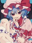  1girl blue_background blue_hair bow fang feet_out_of_frame fingernails hand_up hat hat_bow ka_(marukogedago) knees_up looking_at_viewer pillow_hat pink_headwear pink_shirt puffy_short_sleeves puffy_sleeves red_bow red_eyes remilia_scarlet shirt short_hair short_sleeves simple_background smile socks solo touhou white_legwear wristband 
