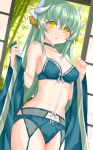  1girl alternate_costume bra braid breasts dragon_girl dragon_horns fate/grand_order fate_(series) garter_belt green_bra green_hair green_panties highres horns kiyohime_(fate/grand_order) lingerie long_hair looking_at_viewer medium_breasts morizono_shiki multiple_horns navel panties solo twin_braids underwear yellow_eyes 