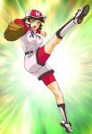  1girl baseball_cap baseball_mitt baseball_uniform breasts brown_hair character_request commentary_request hat looking_at_viewer open_mouth short_hair shorts solo sportswear ueyama_michirou 