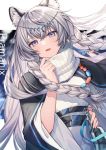  1girl animal_ear_fluff animal_ears arknights braid cat_ears cat_tail character_name circlet commentary_request dutch_angle grey_hair koyukomu long_braid pramanix_(arknights) scarf smile snow_leopard solo tail twin_braids violet_eyes 