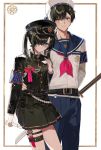  1boy 1girl aiguillette arm_around_waist arm_behind_back armband bangs belt black_hair black_skirt blue_eyes blue_pants blush commentary embarrassed feet_out_of_frame fuuna_(conclusion) gakuran hair_between_eyes hair_ornament hair_over_one_eye hairclip hand_on_another&#039;s_hip hat highres katana knife knife_holster long_hair long_sleeves looking_at_viewer military_hat miniskirt neckerchief original pants pink_neckwear pleated_skirt sailor_collar school_uniform serafuku shiny shiny_hair sidelocks simple_background skirt sweatdrop sword thigh_strap twintails weapon white_background 