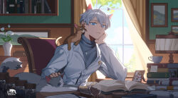  1boy absurdres ahoge animal animal_ears blue_eyes blue_sky book book_stack cat cat_boy cat_ears chair closed_mouth coffee_beans cup curtains day fingernails flower grey_shirt head_rest highres indoors izsly jacket lamp lid long_sleeves looking_at_viewer male_focus open_book original paper pen picture_frame shirt short_hair sitting sky solo sunlight teacup upper_body vase white_flower white_hair white_jacket window 