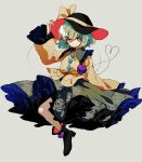  1girl black_footwear black_headwear blouse blush bow character_name closed_mouth floral_print green_skirt grey_background hand_up hat hat_bow ka_(marukogedago) komeiji_koishi long_sleeves looking_at_viewer shoes simple_background skirt smile solo touhou yellow_blouse yellow_bow 
