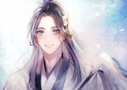  1boy bishounen black_hair blue_eyes blush chinese_clothes falling_petals flower hair_flower hair_ornament hanfu holding holding_weapon hossu long_hair looking_at_viewer male_focus modao_zushi petals rakkyhappy smile solo topknot twitter_username upper_body weapon white_hanfu xiao_xingchen 