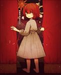  1girl barefoot blush bob_cut closed_mouth curtains dot_nose dress from_behind grey_dress highres ka_(marukogedago) looking_at_viewer looking_back medium_hair original red_eyes red_theme redhead smile solo standing 