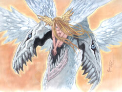  1girl absurdres alternate_form awakened_being_(claymore) blonde_hair claymore_(series) dominic_ian_cabatit feathered_wings grey_eyes hair_over_one_eye head_wings highres lamia long_hair looking_at_viewer miata_(claymore) monster monster_girl multiple_heads multiple_wings nude own_hands_together sharp_teeth smile snake_tail tail teeth white_wings wings yellow_wings 