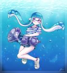  1girl air_bubble bangs blue_hair blue_shorts blunt_bangs blush bubble domino_mask full_body i_izu_izumi inkling long_hair mask pointy_ears shirt shoes short_sleeves shorts signature smile sneakers solo splatoon_(series) splatoon_2 squid striped striped_shirt tentacle_hair underwater violet_eyes white_footwear 