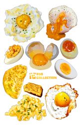  absurdres broken_egg chili_powder deviled_egg egg egg_(food) egg_yolk eggshell english_commentary english_text food food_focus fried_egg garnish hardboiled_egg highres no_humans omelet original pepper_(spice) scrambled_egg simple_background softboiled_egg spring_onion still_life studiolg tamagoyaki white_background 