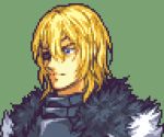  1boy angry blonde_hair blue_eyes breastplate cape close-up closed_mouth dimitri_alexandre_blaiddyd english_commentary eyepatch fire_emblem fire_emblem:_three_houses fur_cape glaceo green_background lowres parody pixel_art portrait short_hair solo style_parody 