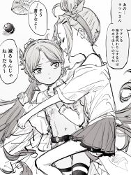  2girls ahoge bindi black_thighhighs bow_hairband coat earrings green_eyes hair_bun hairband heaven_burns_red highres hug jewelry kulfiq long_hair monochrome multiple_girls navel ooshima_yotsuha shirt skirt speech_bubble thigh-highs triangle_earrings twintails vritika_balakrishnan white_background white_coat white_shirt yuri 