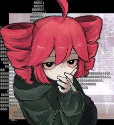  1girl ahoge black_eyes black_hoodie drill_hair hair_between_eyes hand_up highres hood hood_down hoodie joint_(drug) kasane_teto mliko444 red_hair short_hair smile solo twin_drills utau 