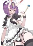  1girl :d apron bangs black_legwear black_nails blush breasts eyeliner fangs fate/grand_order fate_(series) garter_straps hair_ornament heart heart-shaped_pupils highres hikimayu horns looking_at_viewer maid maid_apron maid_headdress makeup oni oni_horns open_mouth purple_hair short_hair shuten_douji_(fate/grand_order) simple_background smile solo symbol-shaped_pupils thigh-highs violet_eyes white_background wtcolor 