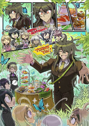  3girls 4boys ahoge akamatsu_kaede apple_rabbit arms_up black_dress black_hair blonde_hair blue_butterfly brown_pants bug butterfly checkered_clothes checkered_scarf closed_eyes cupcake danganronpa_(series) danganronpa_v3:_killing_harmony dress fang flower flying_sweatdrops food food_art gift glasses goggles goggles_on_head gokuhara_gonta green_eyes green_hair hair_between_eyes hair_ornament happy_birthday highres holding holding_gift hoshi_ryoma iruma_miu kumakoro_(tetsupag) long_hair long_sleeves messy_hair momota_kaito multiple_boys multiple_girls musical_note musical_note_hair_ornament necktie oma_kokichi open_mouth pants purple_flower purple_necktie red_eyes saihara_shuichi scarf spoken_musical_note sweatdrop teapot thank_you tojo_kirumi tree_stump violet_eyes yellow_necktie yonaga_angie 