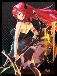  1girl arknights artist_name bare_arms bare_shoulders black_border black_dress border breasts commentary dated dress feet_out_of_frame floating_hair grey_background highres holding holding_weapon horns long_hair medium_breasts outside_border profile redhead redn_art solo standing surtr_(arknights) thigh-highs violet_eyes weapon 