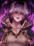  1boy absurdres aura collarbone evomanaphy eyebrows_visible_through_hair fangs fire_emblem fire_emblem_heroes glowing glowing_eyes grey_hair grima_(fire_emblem) hair_between_eyes highres hood hood_down horns male_focus open_mouth pink_eyes robin_(fire_emblem) robin_(fire_emblem)_(male) signature slit_pupils solo tongue tongue_out upper_body 