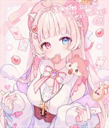  1girl ahoge animal_ears blue_eyes blush braid breasts card cat_ears commentary_request dress food food_in_mouth hair_ornament hat heart heterochromia highres jewelry komomo_(2899) long_hair long_sleeves looking_at_viewer mouth_hold original pink_hair playing_card red_eyes sensitive solo virtual_youtuber wings 