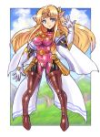  1girl blonde_hair blue_eyes bodysuit boots breasts closed_mouth earrings gloves highres jewelry long_hair looking_at_viewer oomasa_teikoku pointy_ears princess_zelda skin_tight solo super_smash_bros. the_legend_of_zelda thigh-highs thigh_boots triforce 