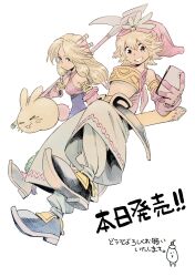  1boy 1girl :3 absurdres amano_shiro armor baggy_pants bare_shoulders blonde_hair blue_dress brother_and_sister cellphone commentary_request criss-cross_halter detached_sleeves dress frown gold_armlet gold_armor grin hair_tubes halterneck hat hat_feather highres holding holding_phone holding_polearm holding_weapon imu_(lom) lance legend_of_mana long_hair loose_pants low-tied_long_hair low-tied_sidelocks midriff moccasins pants phone pointy_hat polearm rabite_(seiken_densetsu) red_hat scabbard seiken_densetsu sheath siblings smartphone smile spiky_hair toto_(lom) translated v-shaped_eyebrows weapon white_background 