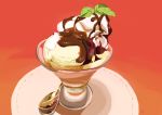  cat chai chocolate_syrup commentary_request food glass highres ice_cream looking_at_viewer mint no_humans original signature simple_background sitting_on_food spoon undersized_animal whipped_cream 