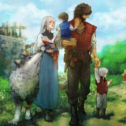  animal baby belt belt_buckle black_pants blue_eyes blue_skirt blue_sky blush brown_hair buckle carrying carrying_person child clive_rosfield clouds cloudy_sky english_commentary family father_and_son final_fantasy final_fantasy_xvi full_body grass grey_hair grey_pants grey_shirt grey_wolf highres holding_baby holding_hands husband_and_wife if_they_mated jill_warrick kasuke_(li_tgknk) long_hair looking_at_another mother_and_son outdoors pants red_vest sheath sheathed shirt short_hair siblings skirt sky sword torgal_(ff16) tree vest walking weapon white_shirt 