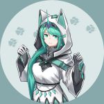  1girl alternate_costume animal_hood bangs breasts commentary_request fangs gloves green_eyes green_hair highres hood large_breasts long_hair long_ponytail long_sleeves paw_print_background pneuma_(xenoblade) ponytail round_image sarasadou_dan skin_fangs solo swept_bangs very_long_hair white_hood xenoblade_chronicles_(series) xenoblade_chronicles_2 