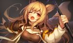  1girl ;d animal_ears arknights bangs blush breasts brown_hair ceobe_(arknights) dog_ears eyebrows_visible_through_hair fang floating_hair hair_between_eyes holding holding_staff imo_be jacket large_breasts long_hair long_sleeves looking_at_viewer one_eye_closed open_clothes open_jacket open_mouth red_eyes sidelocks smile solo staff tail very_long_hair weapon 