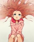  1girl :o between_legs blue_eyes brown_hair grey_background hair_spread_out hand_between_legs hood hood_down hoodie ka_(marukogedago) long_hair long_sleeves looking_up open_mouth original petals pink_hoodie sitting solo 