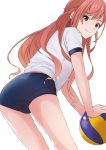  1girl absurdres arisugawa_natsuha ball bangs bare_legs blue_buruma brown_eyes buruma commentary_request gym_uniform highres holding holding_ball idolmaster idolmaster_shiny_colors long_hair looking_at_viewer looking_back orange_hair shi6zakuro shirt short_sleeves sidelocks simple_background solo volleyball white_background white_shirt 