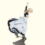  1girl apron blonde_hair braid braided_ponytail commentary from_side full_body maid maid_apron maid_dress maid_headdress original simple_background skateboard skating solo suzushiro_(suzushiro333) twin_braids 