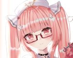  1girl :o azur_lane bangs bespectacled blush close-up cross_hair_ornament eyebrows_visible_through_hair face glasses gloves hair_ornament half_gloves hand_up hat heart heart-shaped_pupils holding holding_syringe iv_stand long_hair looking_at_viewer nibosi nurse nurse_cap perseus_(azur_lane) perseus_(nursery_service_time)_(azur_lane) pink_eyes pink_gloves pink_hair portrait semi-rimless_eyewear smile solo symbol-shaped_pupils syringe twintails very_long_hair white_headwear 