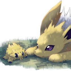  bug closed_mouth commentary_request extra_eyes eye_contact grass highres jolteon joltik looking_at_another lying moshi2hitomoshi no_humans on_stomach pokemon pokemon_(creature) signature smile white_background yellow_fur 