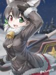  1girl animal_ears antlers bell bell_collar black_gloves blush clasp coat collar commentary_request cowboy_shot deer_ears deer_tail extra_ears eyebrows_visible_through_hair fur_collar fur_trim gloves green_eyes grey_hair hair_tie heterochromia kemono_friends long_sleeves nyifu pleated_skirt red_eyes red_skirt reindeer_(kemono_friends) reindeer_antlers reindeer_girl short_hair short_twintails skirt sleigh solo tail twintails weapon white_fur winter_clothes 