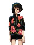  1girl black_eyes black_hair black_shorts closed_mouth colored_inner_hair fingernails floral_print highres jacket ka_(marukogedago) looking_to_the_side multicolored_hair original shiny shiny_hair shorts simple_background solo standing white_background 