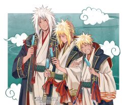  3boys artist_name blonde_hair food happy highres ice_cream jiraiya_(naruto) kokodrawings long_hair male_focus multiple_boys namikaze_minato naruto naruto_(series) signature smile teacher_and_student twitter_username uzumaki_naruto white_hair 