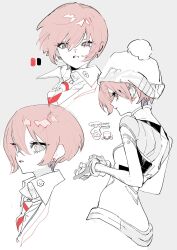  1girl amate_yuzuriha beanie bodysuit camera001 collared_shirt commentary earrings gundam gundam_gquuuuuux haro hashtag-only_commentary hat highres jewelry looking_at_viewer mecha_pilot_suit multiple_views necktie parted_lips red_hair shirt short_hair spot_color stud_earrings teardrop 