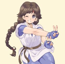  1girl braid brown_hair commentary_request double_v dougi fingerless_gloves gloves highres long_hair looking_at_viewer one_eye_closed ryuuko_no_ken smile solo the_king_of_fighters twin_braids v wakaho_riku yuri_sakazaki 