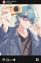 1boy absurdres adjusting_eyewear ahoge aqua_hair black_shirt blue_eyes blue_jacket breast_pocket camera closed_mouth collarbone collared_jacket fake_phone_screenshot fake_screenshot glasses hair_between_eyes hair_tie hands_up hashtag-only_commentary highres holding holding_camera instagram jacket jewelry kashitsuki_(tashikaniaruki) long_sleeves looking_at_viewer male_focus mole mole_on_neck nagisa_trout nagisa_trout_(2nd_costume) necklace nijisanji official_alternate_costume one_eye_closed open_clothes open_jacket outstretched_hand parted_bangs pocket ponytail purple-tinted_eyewear ring round_eyewear shirt short_hair short_ponytail smile solo star_(symbol) tinted_eyewear upper_body virtual_youtuber wink_star 
