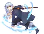  1other androgynous bangs blue_hair boots closed_mouth fur fur-trimmed_boots fur-trimmed_jacket fur-trimmed_sleeves fur_collar fur_trim hair_between_eyes highres jacket katana long_hair long_sleeves looking_at_viewer oyu_428 rimuru_tempest sheath sheathed simple_background solo sword tensei_shitara_slime_datta_ken water weapon white_background yellow_eyes 