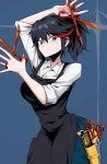  1girl alternate_hairstyle apron black_apron black_hair blue_eyes breasts dual_wielding hairdressing highres holding holster kill_la_kill large_breasts long_hair matoi_ryuuko multicolored_hair pants ponytail scissor_blade scissors shimure_(460) solo streaked_hair thigh_holster 