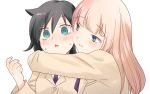  2girls bags_under_eyes bangs black_hair blazer blue_eyes blunt_bangs blush closed_mouth collared_shirt commentary eyebrows_visible_through_hair green_eyes hair_between_eyes highres hikaru_(ofuton_at5) hug jacket katou_asuka kuroki_tomoko light_brown_hair long_hair looking_at_another multiple_girls necktie open_mouth purple_neckwear school_uniform shirt simple_background smile sweatdrop upper_body watashi_ga_motenai_no_wa_dou_kangaetemo_omaera_ga_warui! white_background white_shirt yellow_jacket yuri 