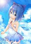  blue_eyes blue_hair blue_ribbon bow cirno clenched_hands clouds cowboy_shot detached_collar dress gradient_dress hair_bow half_updo hand_up highres ice ice_wings looking_at_viewer mamemochi neck_ribbon ocean outdoors ribbon short_dress short_hair sky sleeveless sleeveless_dress sun swimsuit thigh_ribbon touhou wings 