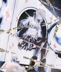  1girl artoria_pendragon_(fate) black_gloves black_shirt blonde_hair blurry braid card caution_tape fate/stay_night fate_(series) fov_ps gloves heaven&#039;s_feel highres looking_at_viewer playing_card ribbon saber_(fate) saber_alter see-through_clothes see-through_shirt shirt solo star_(sky) starry_sky_background washing_machine yellow_eyes 