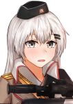 1girl absurdres barrette black_headwear blush dragunov_svd eyebrows_visible_through_hair girls_frontline grey_eyes grey_hair gun hair_between_eyes hat highres holding holding_weapon huge_filesize long_hair looking_at_viewer military_hat muteppona_hito open_mouth red_star rifle silver_hair sniper_rifle solo_focus soviet_flag svd_(girls_frontline) uniform weapon white_background 